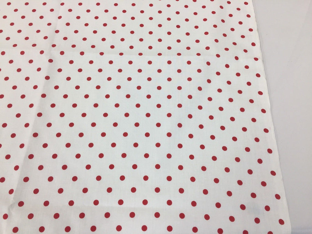 Poly Cotton Print Upholstery & Floral Fabric -White and Red Polka Dot Print - Sold By The Yard