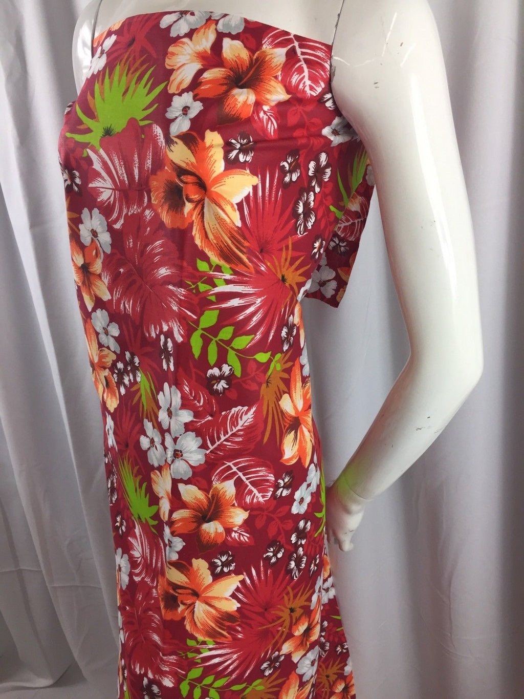 Poly Cotton Print Upholstery & Floral Fabric - Red Hawaiian Print - Sold By The Yard