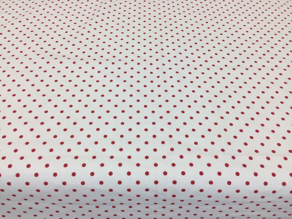 Poly Cotton Print Upholstery & Floral Fabric -White and Red Polka Dot Print - Sold By The Yard