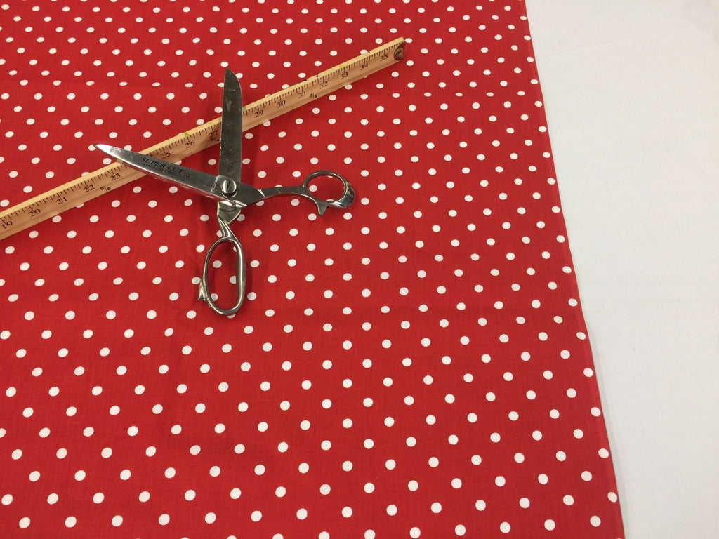 Poly Cotton Print Upholstery & Floral Fabric - Red and White - Polka Dot Print - Sold By The Yard