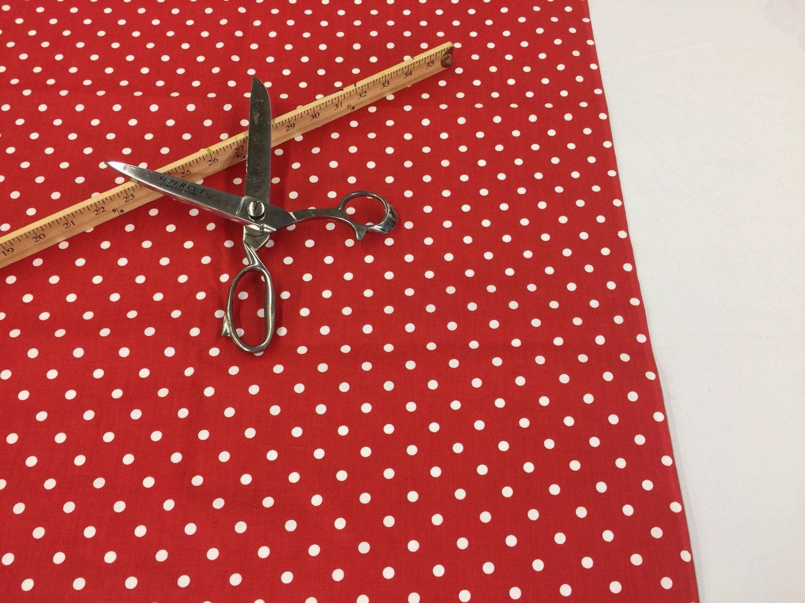 Poly Cotton Print Upholstery & Floral Fabric - Red and White - Polka Dot Print - Sold By The Yard