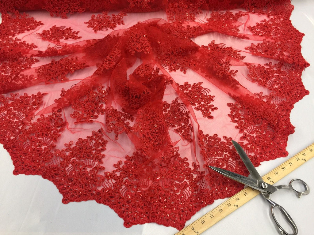 Wedding Dress - Red - French Sequin Flower Design On Mesh Lace Fabric Sold By Yard