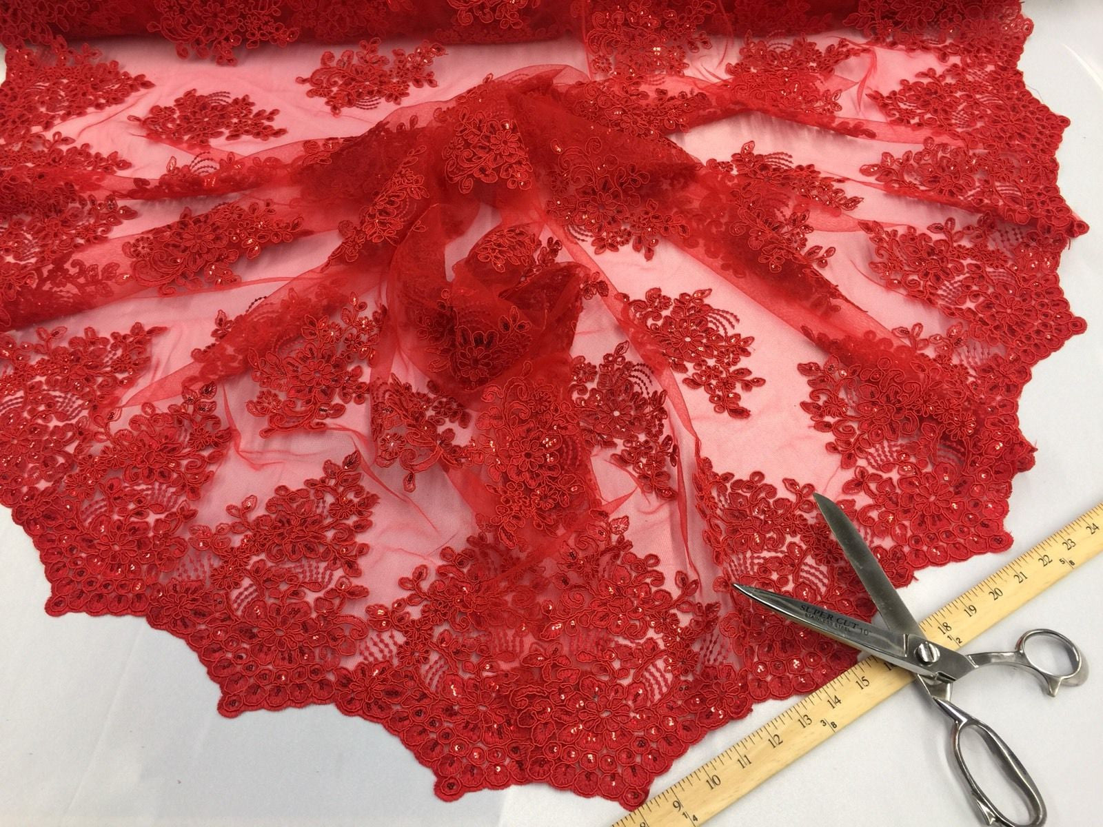 Wedding Dress - Red - French Sequin Flower Design On Mesh Lace Fabric Sold By Yard