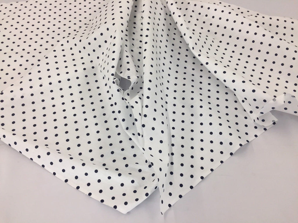 Poly Cotton Print Upholstery & Floral Fabric - White and Black - Polka Dot Print - Sold By The Yard