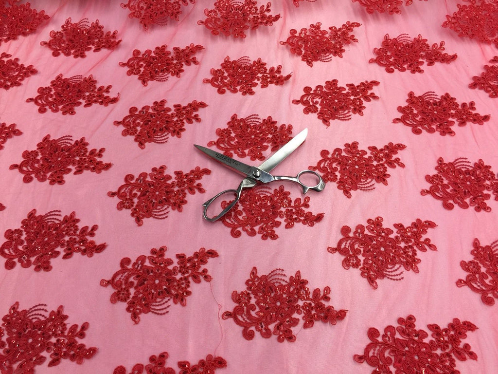 Wedding Dress - Red - French Sequin Flower Design On Mesh Lace Fabric Sold By Yard