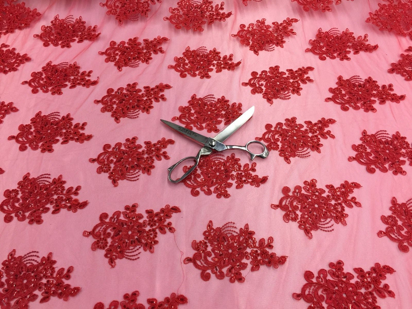 Wedding Dress - Red - French Sequin Flower Design On Mesh Lace Fabric Sold By Yard