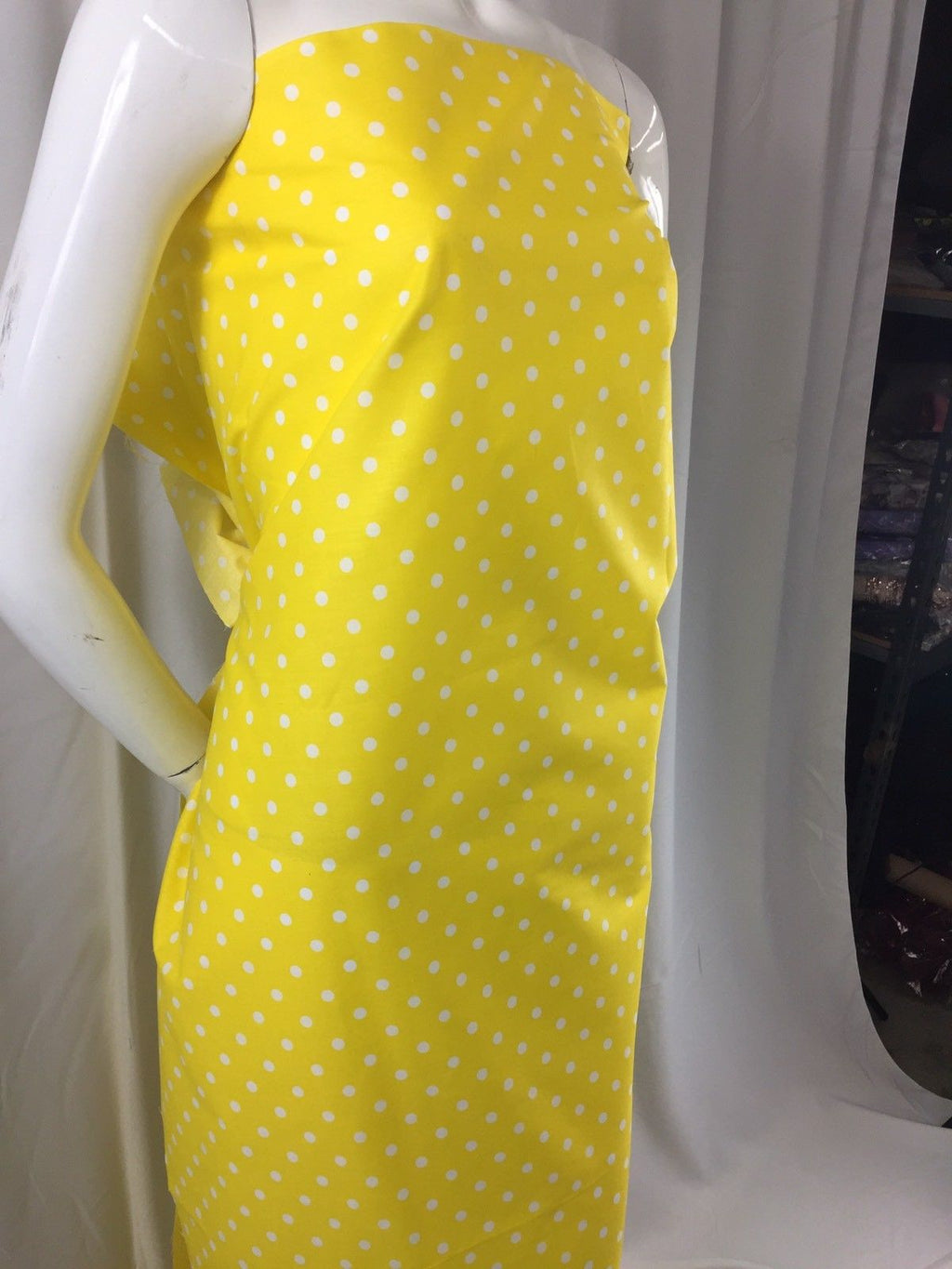 Poly Cotton Print Upholstery & Floral Fabric - Yellow Polka Dot Print - Sold By The Yard