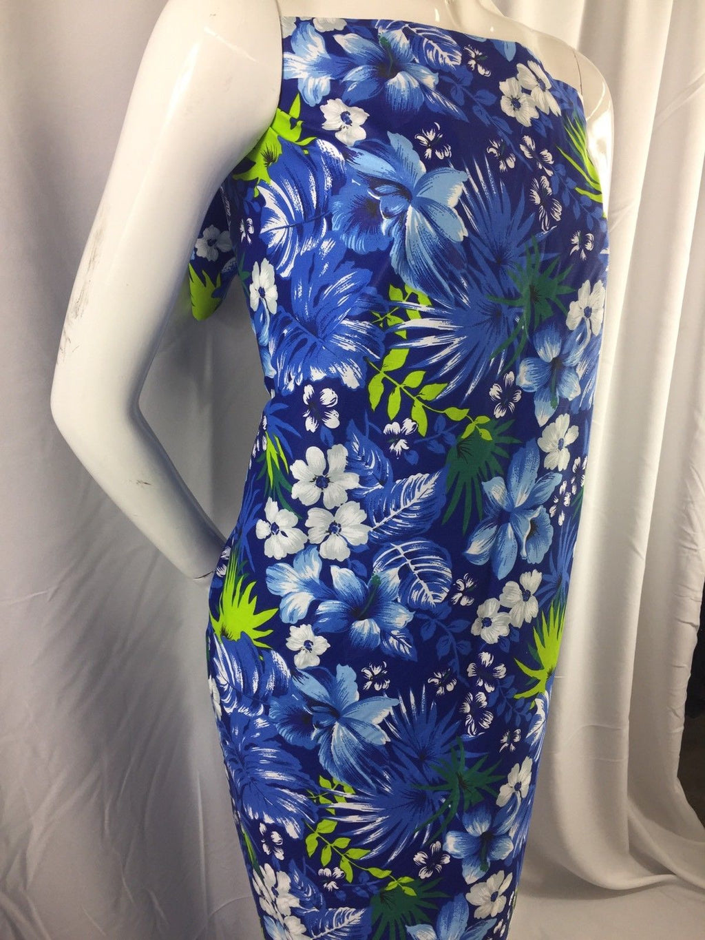 Poly Cotton Print Upholstery & Floral Fabric - Blue and Green Hawaiian Print -  Sold By The Yard