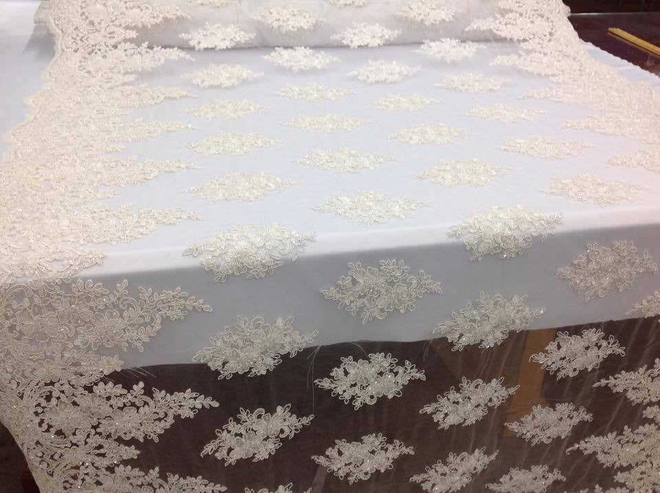 Lace  Fabric - By The Yard Ivory Mesh Bridal Veil Beaded & Sequins Wedding Decorations