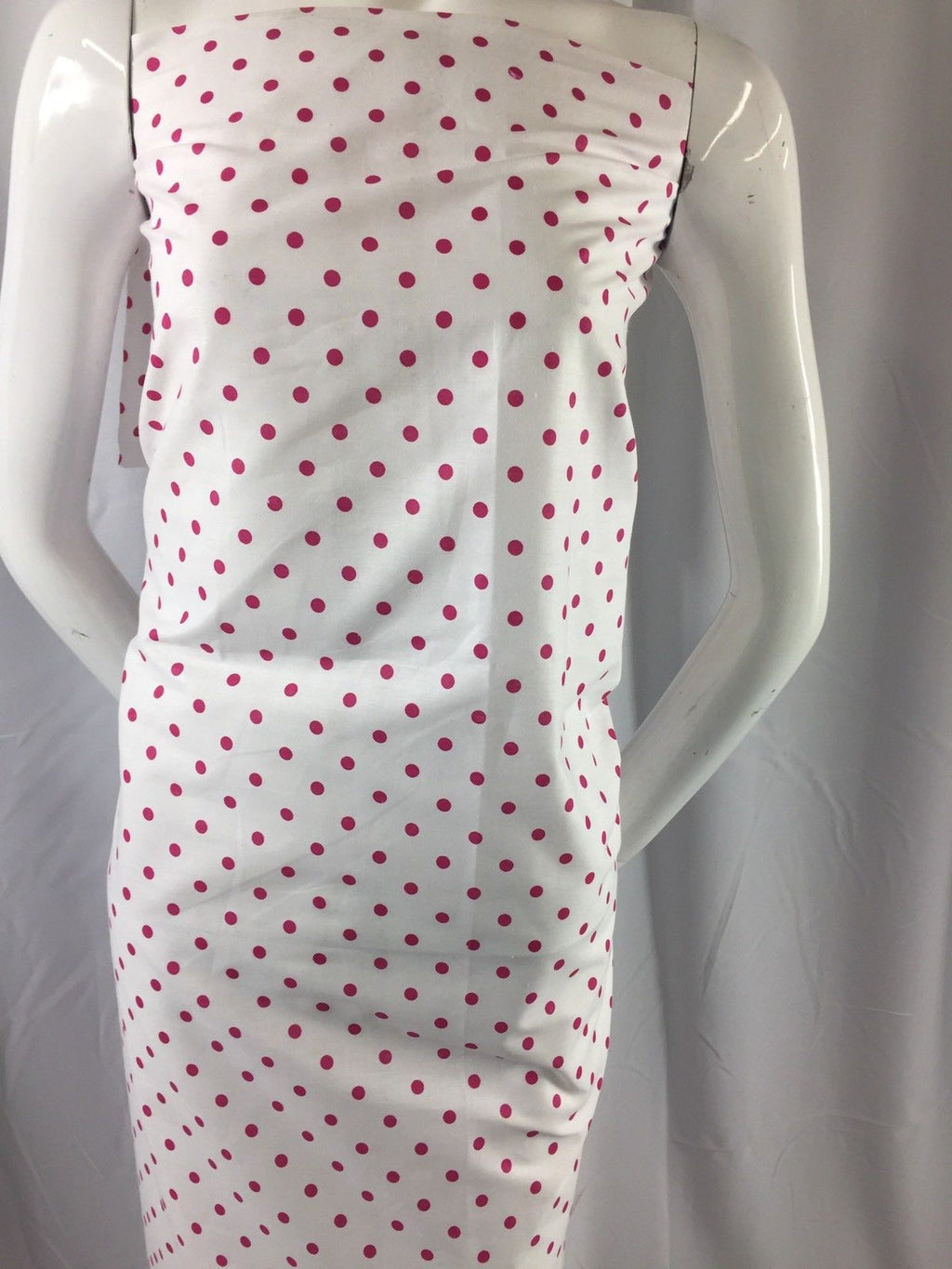 Poly Cotton Print Upholstery & Floral Fabric - White and Fuschia Polka Dot Print -  Sold By The Yard