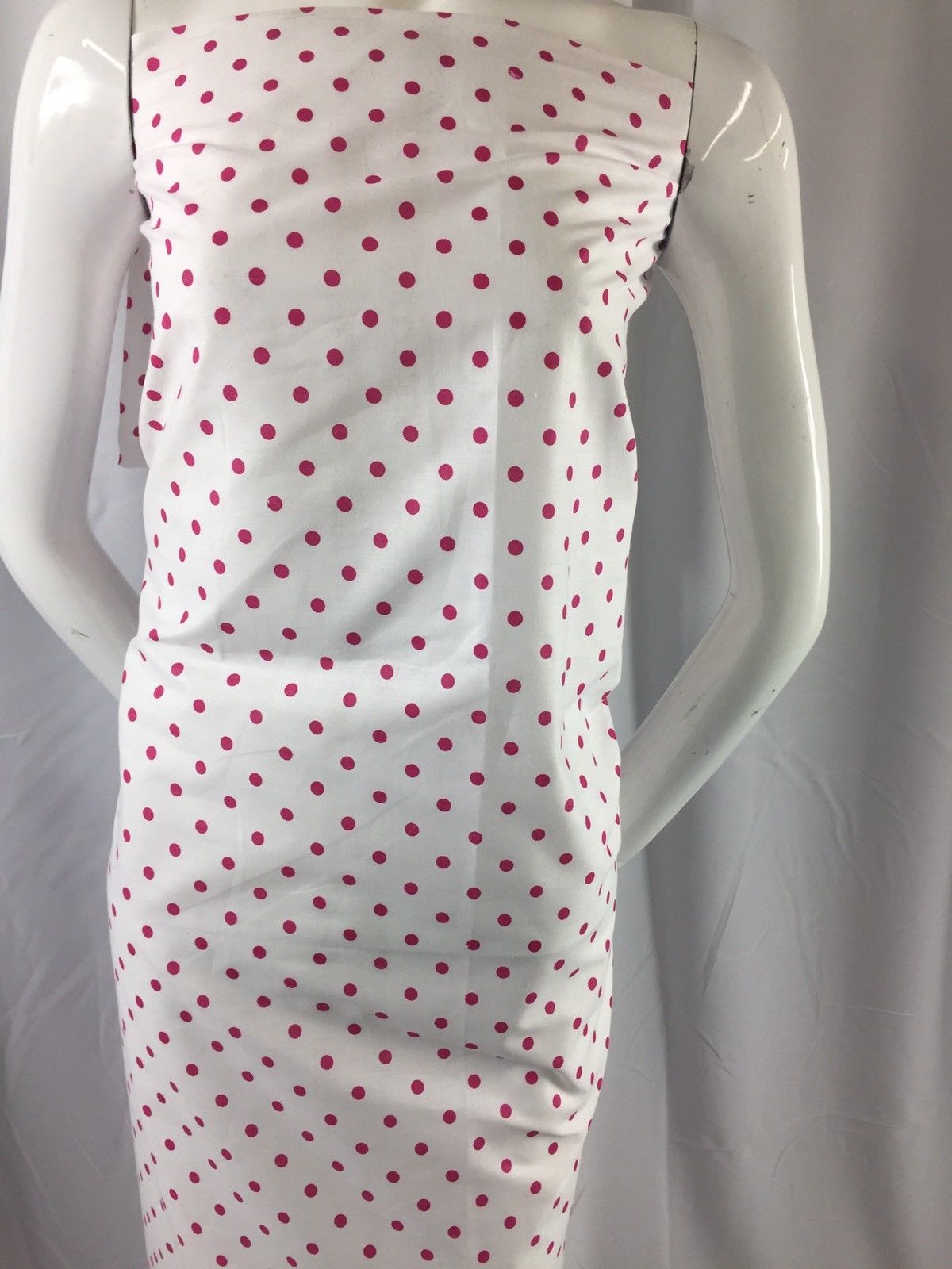 Poly Cotton Print Upholstery & Floral Fabric - White and Fuschia Polka Dot Print -  Sold By The Yard