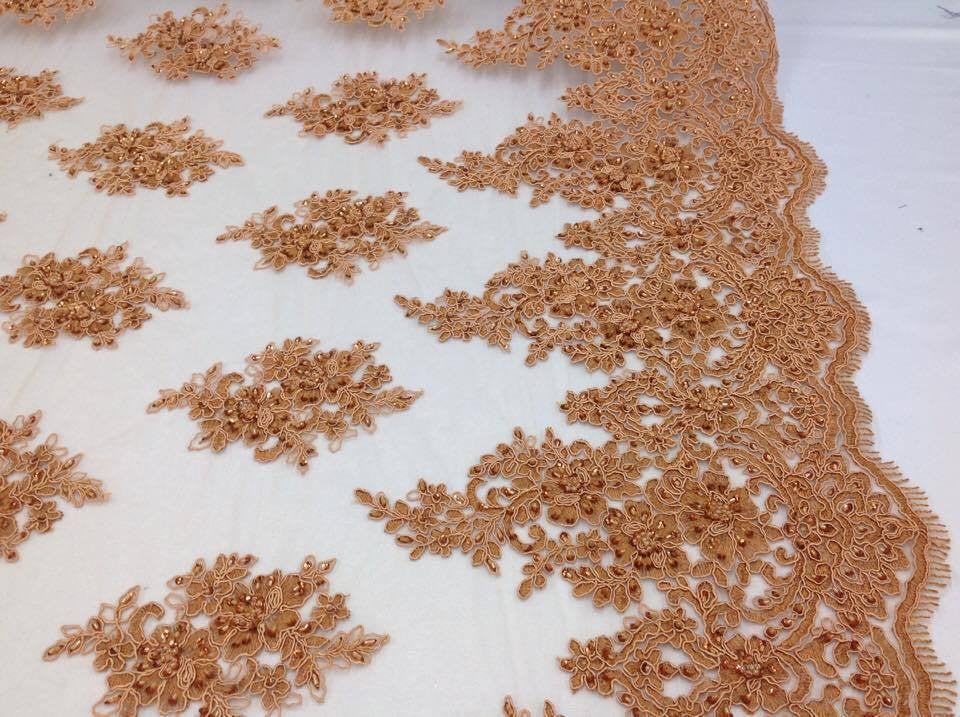 Wedding Dress - Dark Gold - French Sequin Flower Design On Mesh Lace Fabric Sold By Yard