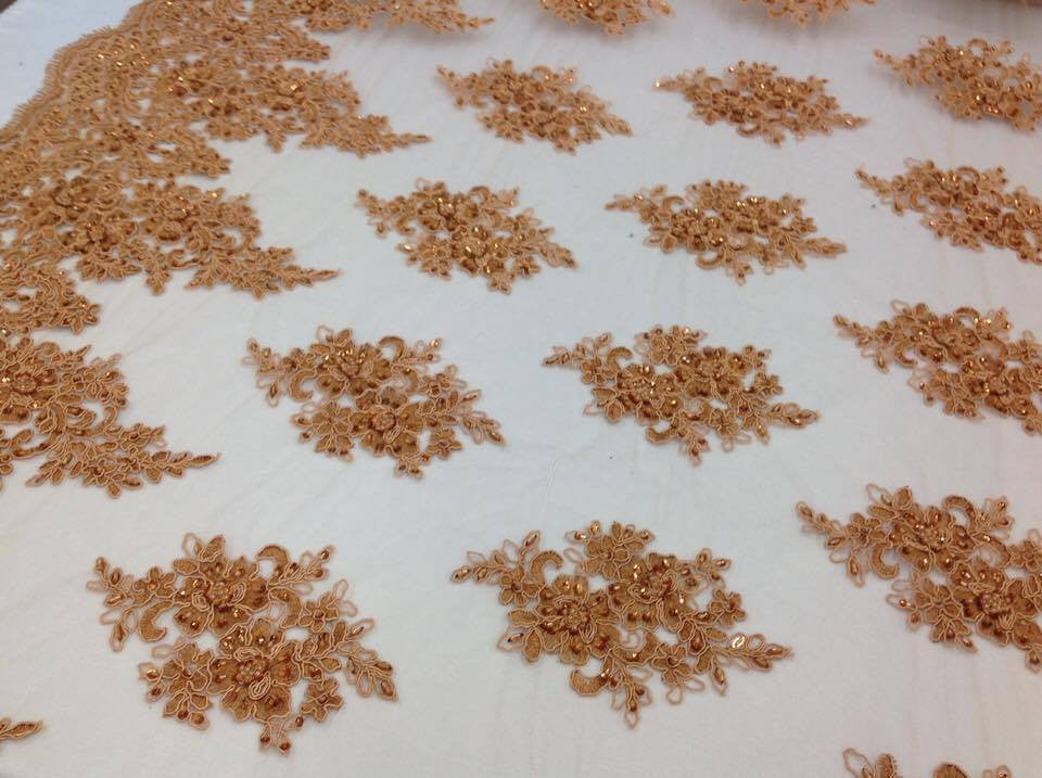 Wedding Dress - Dark Gold - French Sequin Flower Design On Mesh Lace Fabric Sold By Yard