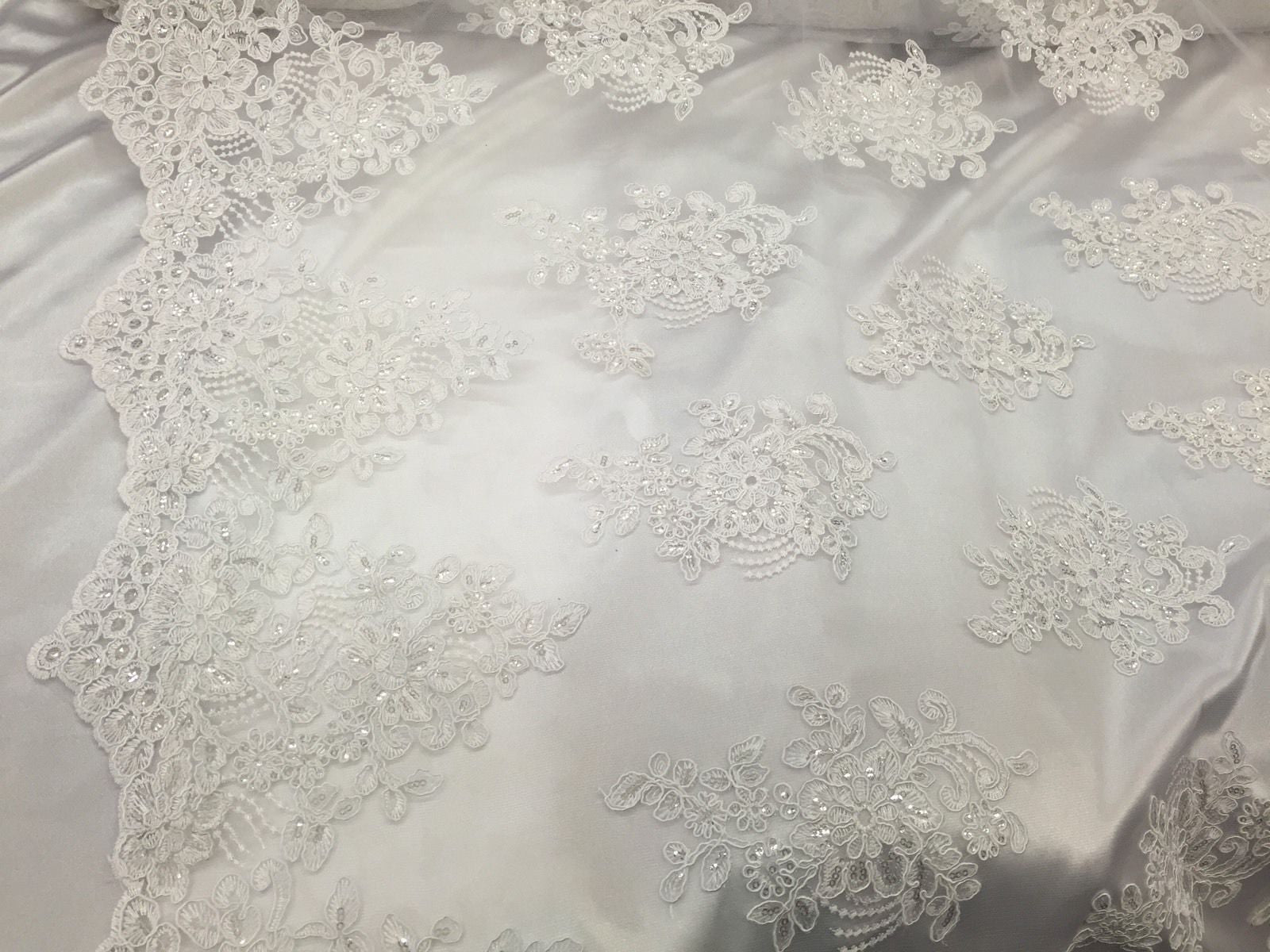 Wedding Dress - White - French Sequin Flower Design On Mesh Lace Fabric Sold By Yard