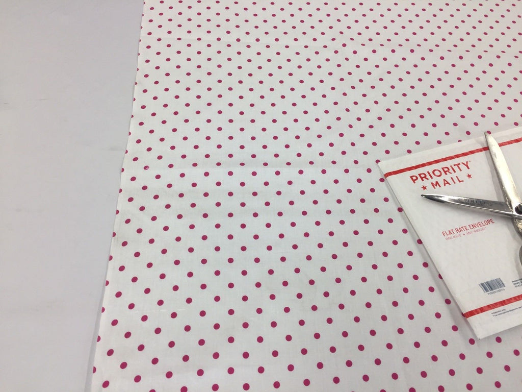 Poly Cotton Print Upholstery & Floral Fabric - White and Fuschia Polka Dot Print -  Sold By The Yard