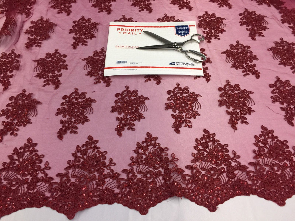 Wedding Dress - Burgundy - French Sequin Flower Design On Mesh Lace Fabric Sold By Yard