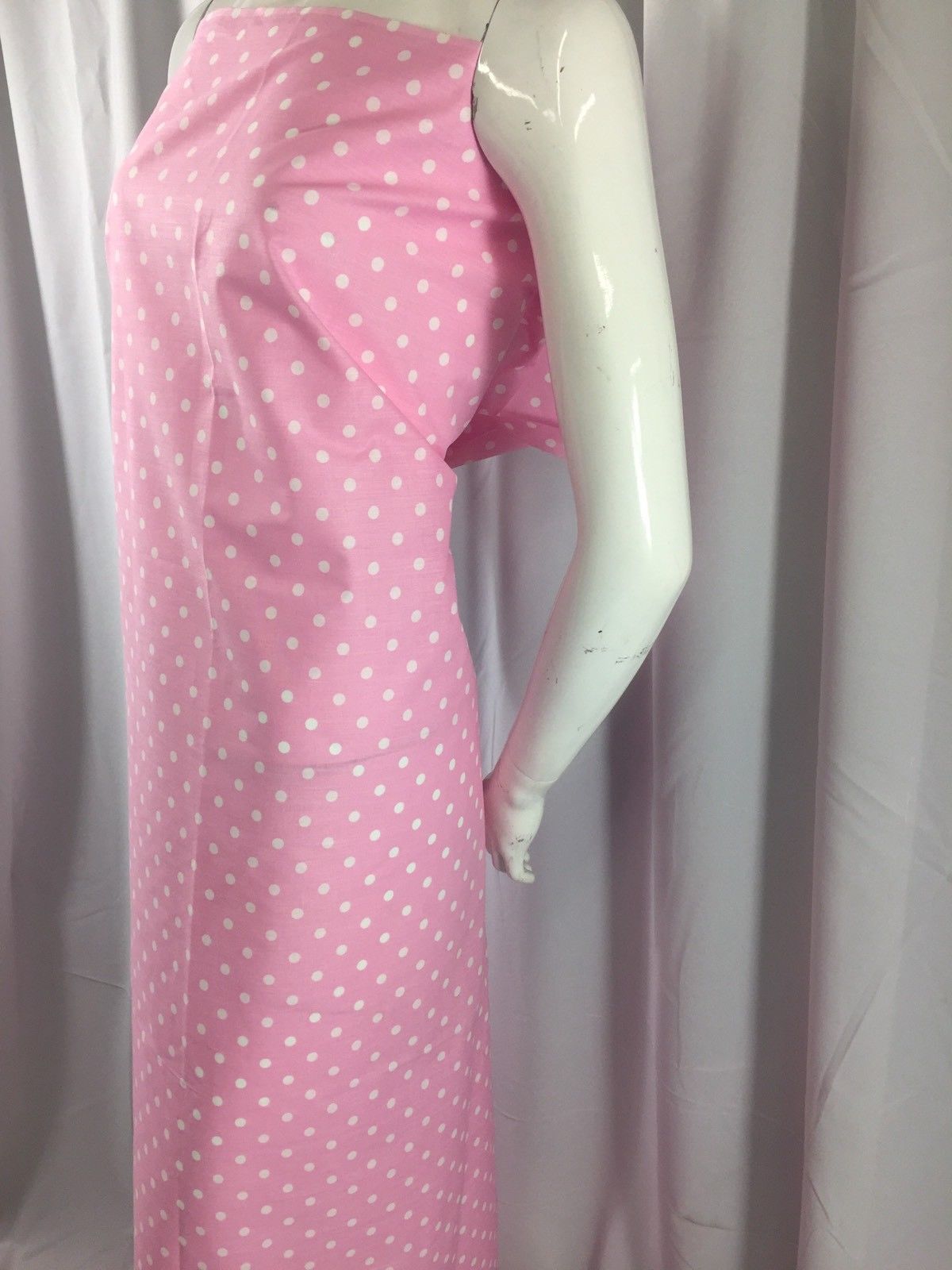 Poly Cotton Print Upholstery & Floral Fabric - Pink and White - Polka Dot Print - Sold By The Yard