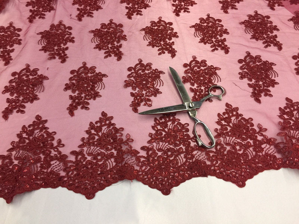 Wedding Dress - Burgundy - French Sequin Flower Design On Mesh Lace Fabric Sold By Yard