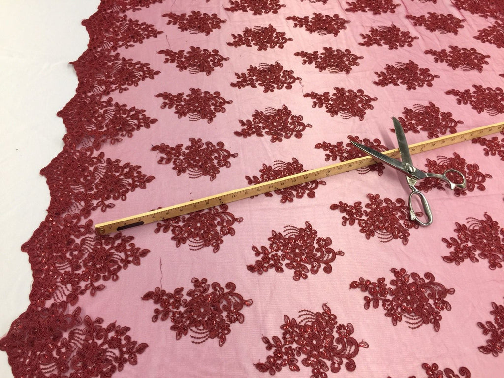 Wedding Dress - Burgundy - French Sequin Flower Design On Mesh Lace Fabric Sold By Yard