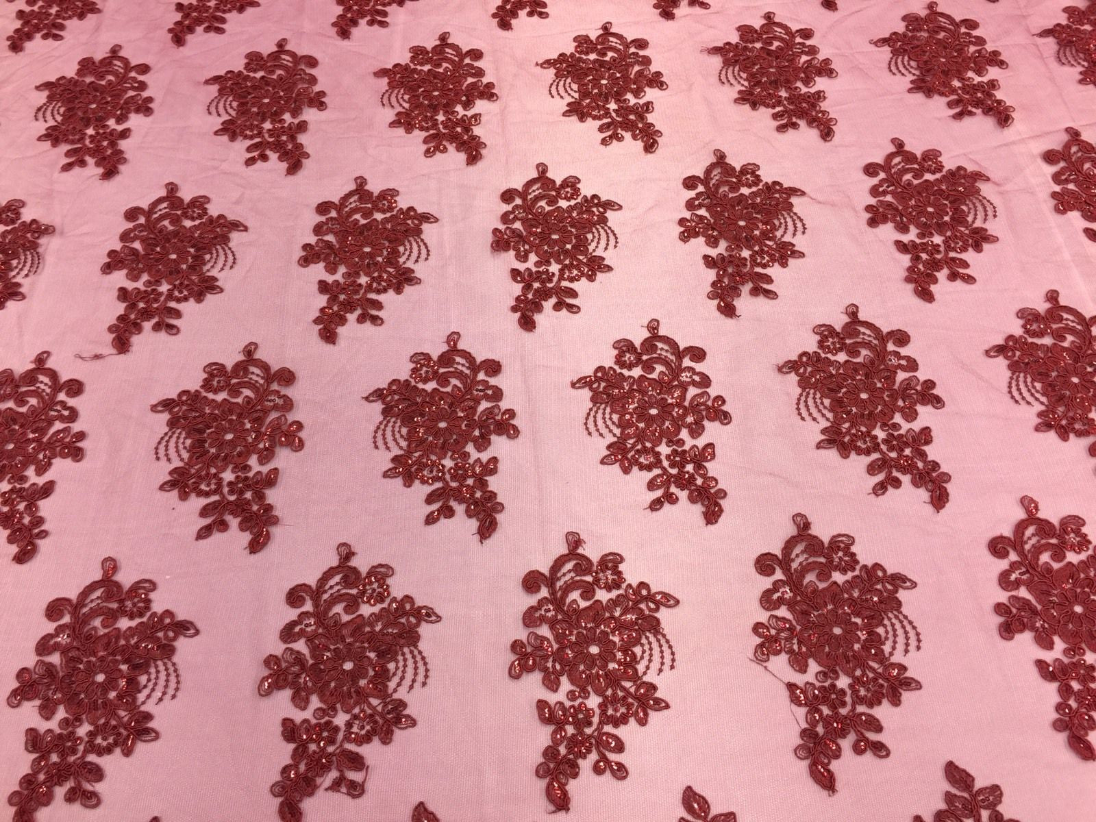 Wedding Dress - Burgundy - French Sequin Flower Design On Mesh Lace Fabric Sold By Yard