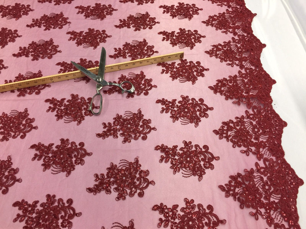 Wedding Dress - Burgundy - French Sequin Flower Design On Mesh Lace Fabric Sold By Yard