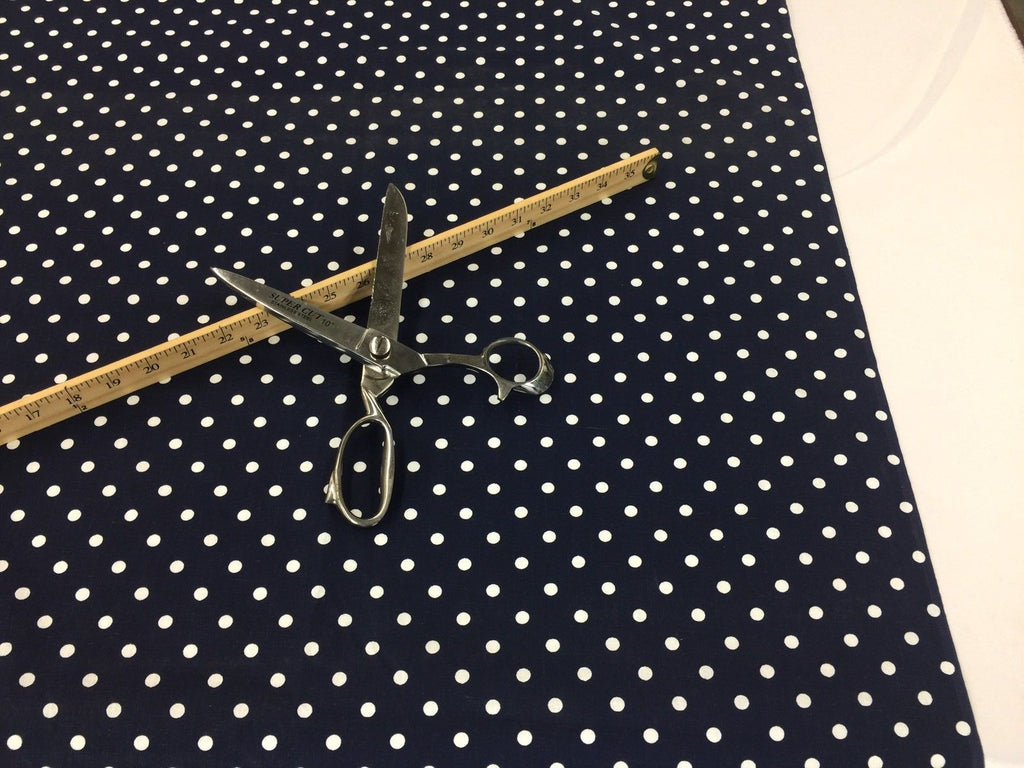 Poly Cotton Print Upholstery & Floral Fabric - Navy Polka Dot Print - Sold By The Yard