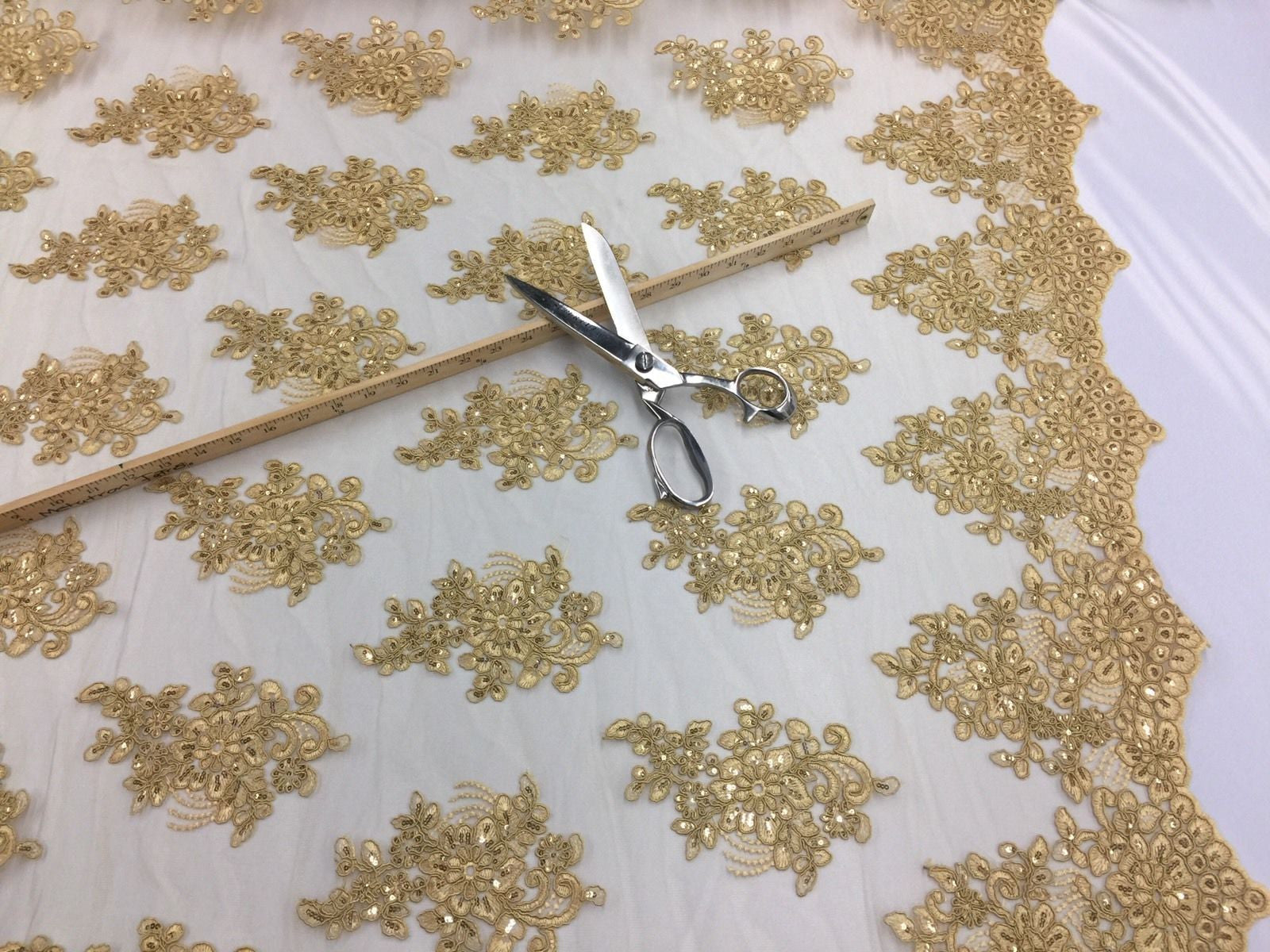 Wedding Dress - Gold - French Sequin Flower Design On Mesh Lace Fabric Sold By Yard