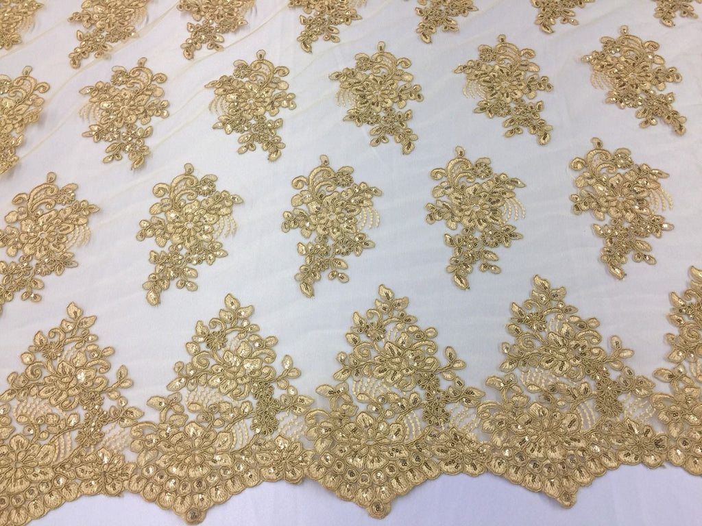 Wedding Dress - Gold - French Sequin Flower Design On Mesh Lace Fabric Sold By Yard