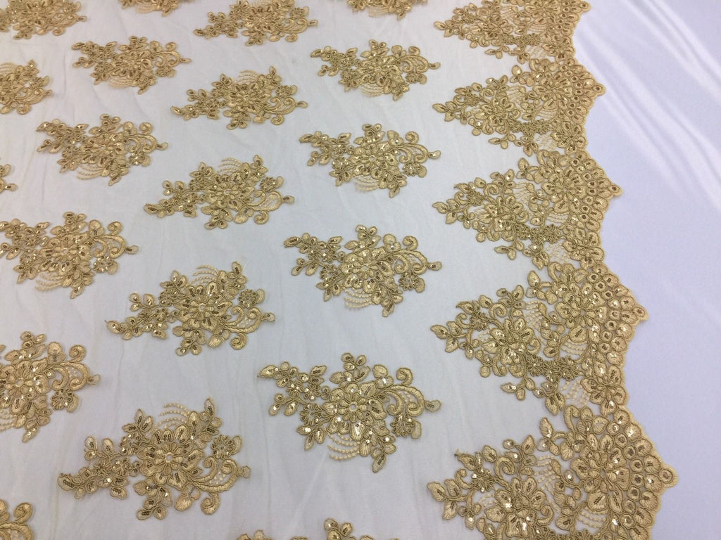 Wedding Dress - Gold - French Sequin Flower Design On Mesh Lace Fabric Sold By Yard
