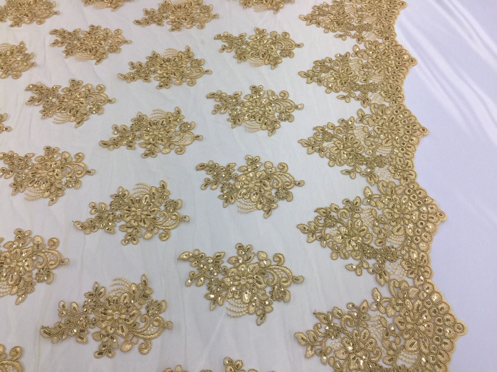 Wedding Dress - Gold - French Sequin Flower Design On Mesh Lace Fabric Sold By Yard