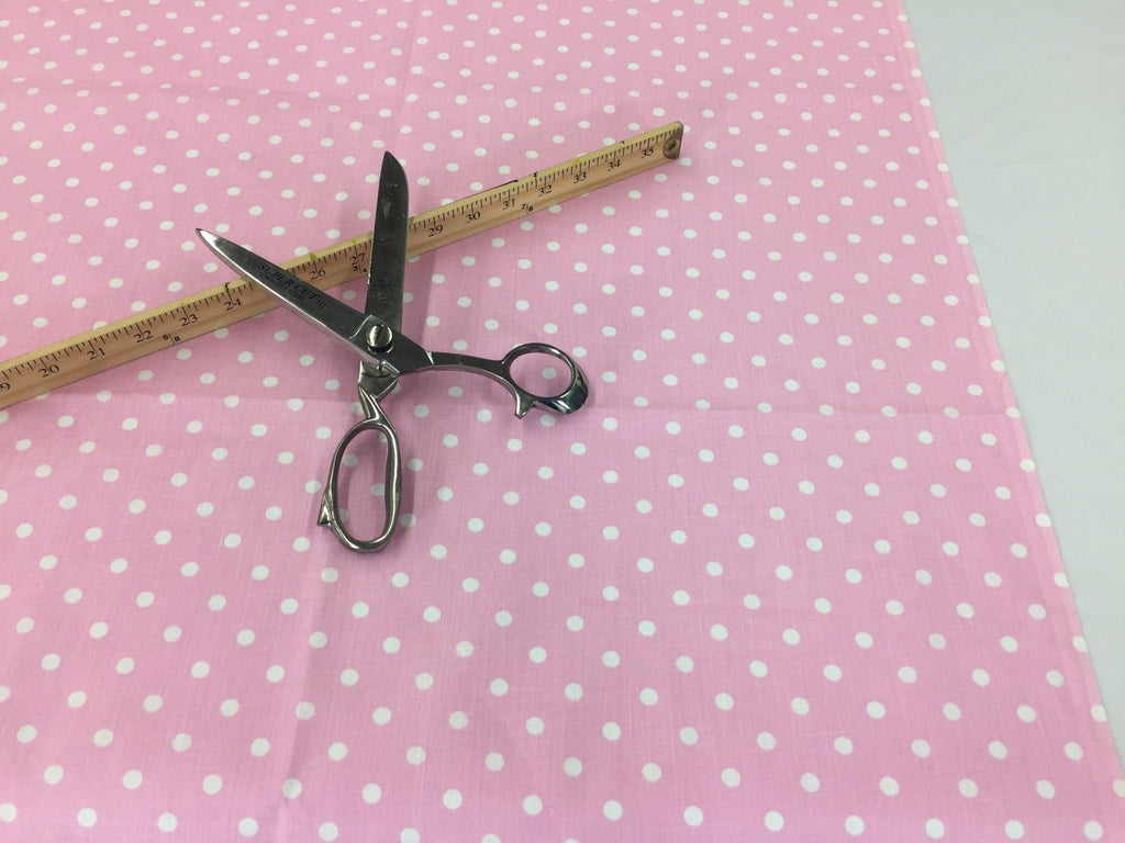 Poly Cotton Print Upholstery & Floral Fabric - Pink and White - Polka Dot Print - Sold By The Yard