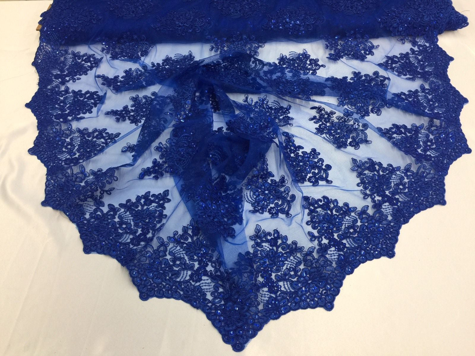 Wedding Lace Royal Blue Flower Lace Corded And Embroider With Sequins On A Mesh By Yard