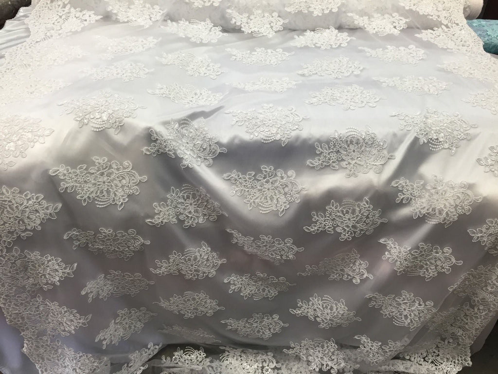 Wedding Dress - White - French Sequin Flower Design On Mesh Lace Fabric Sold By Yard