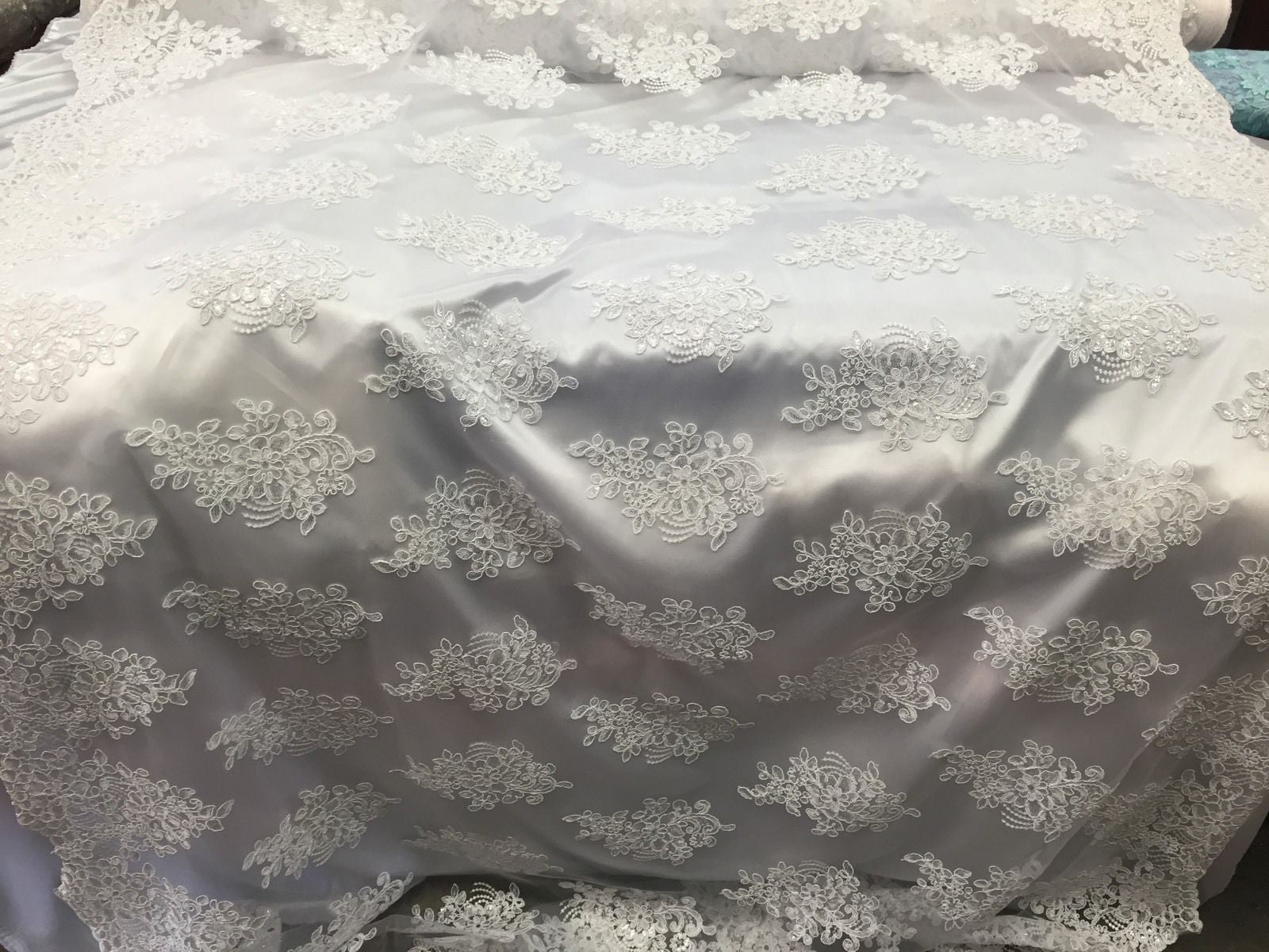 Wedding Dress - White - French Sequin Flower Design On Mesh Lace Fabric Sold By Yard