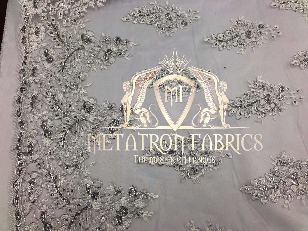 Lace Fabric - Silver  - Corded Flowers Embroidery With Sequins On Mesh Sold By The Yard