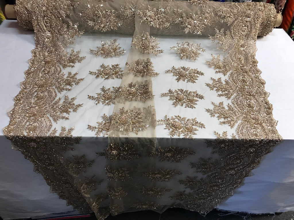 Beaded - Skin - Embroidered Floral Design Fancy Sequins Fabric with Beads Sold By The Yard