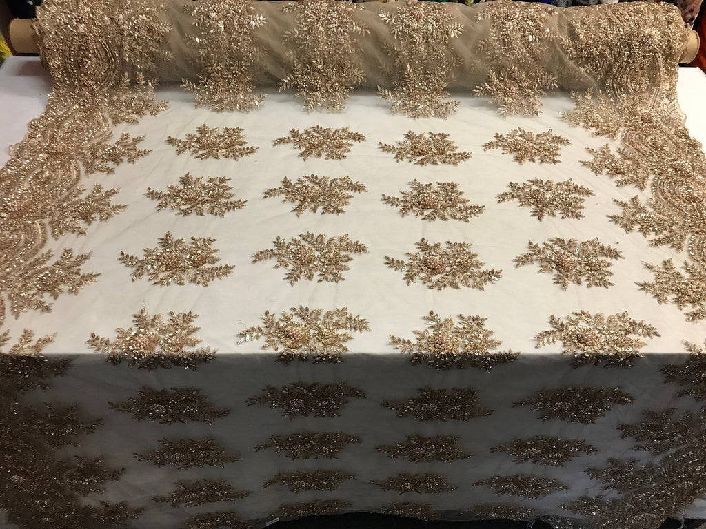 Beaded - Skin - Embroidered Floral Design Fancy Sequins Fabric with Beads Sold By The Yard