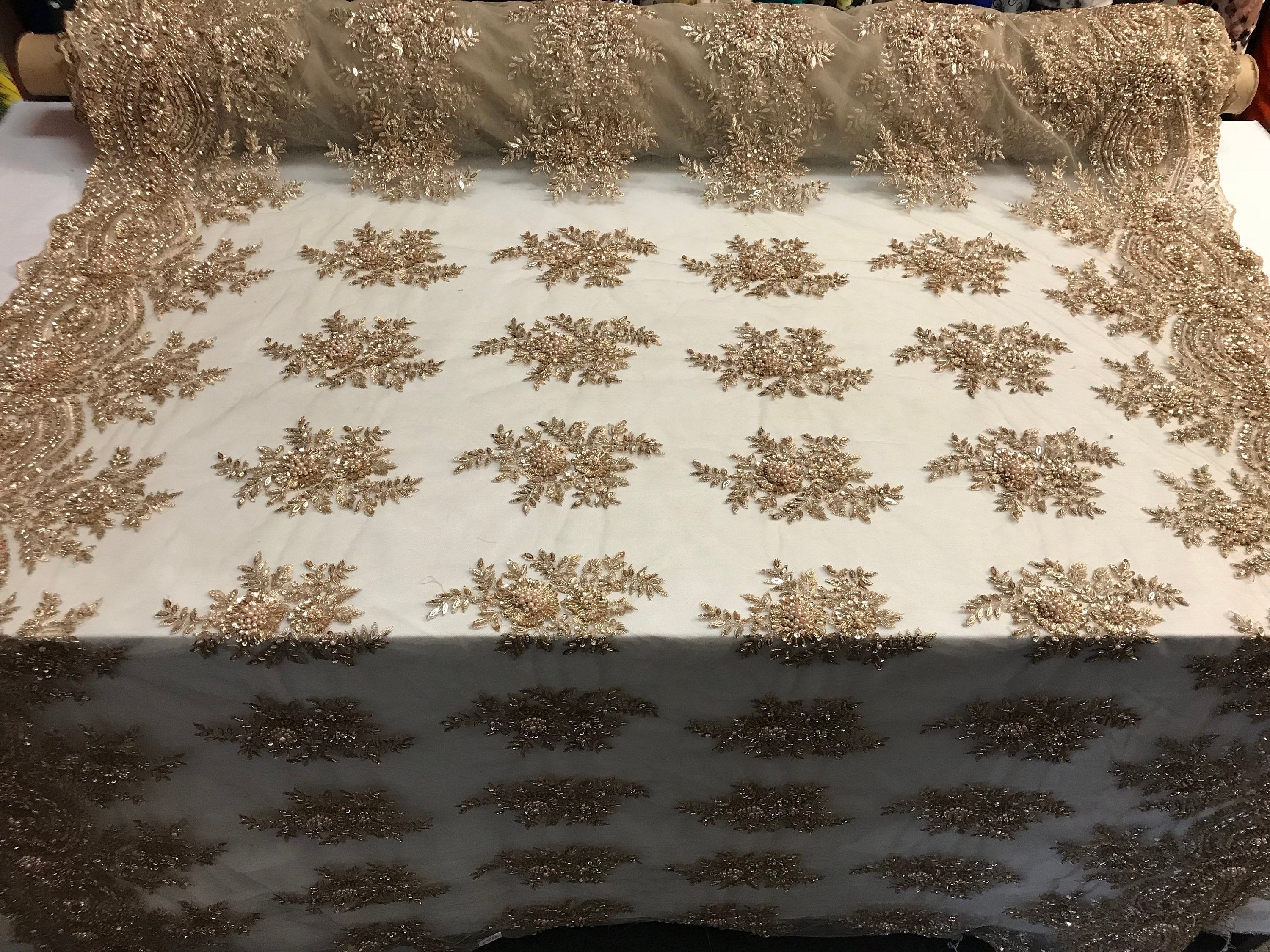 Beaded - Skin - Embroidered Floral Design Fancy Sequins Fabric with Beads Sold By The Yard