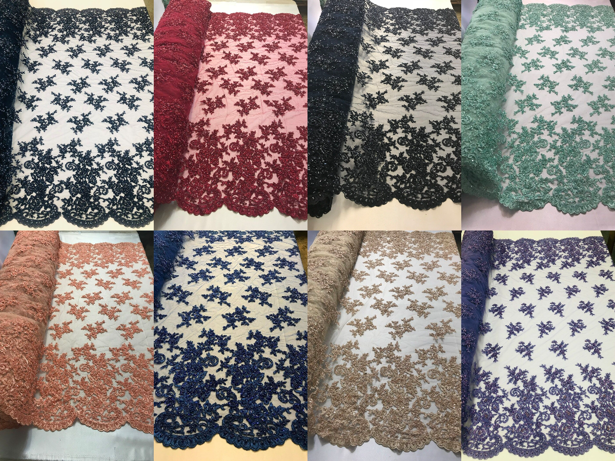 Beaded Bridal Lace, Sold By The Yard Embroidered Floral Wedding Beaded Fabric with Sequin
