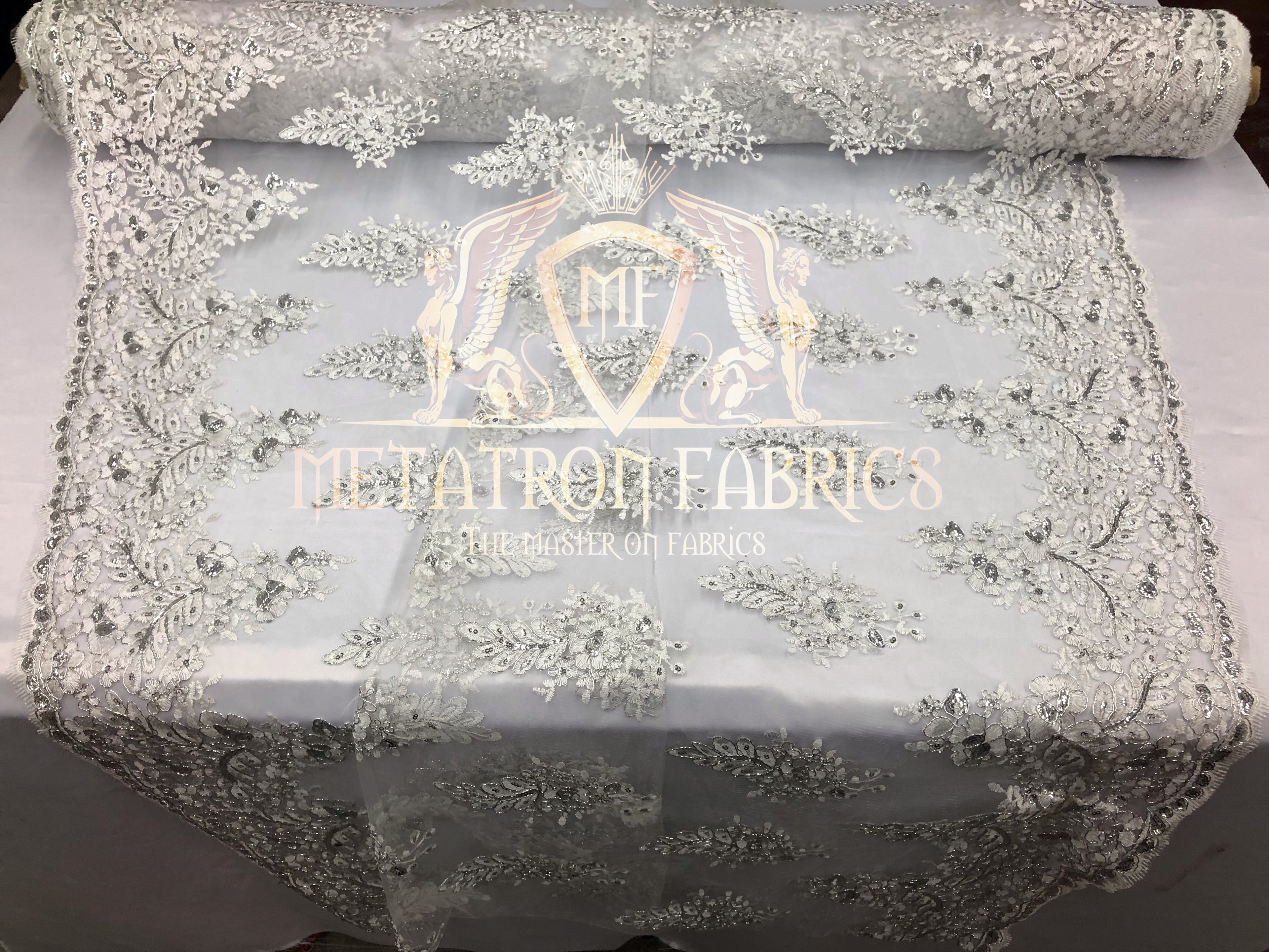 Lace Fabric - Silver  - Corded Flowers Embroidery With Sequins On Mesh Sold By The Yard