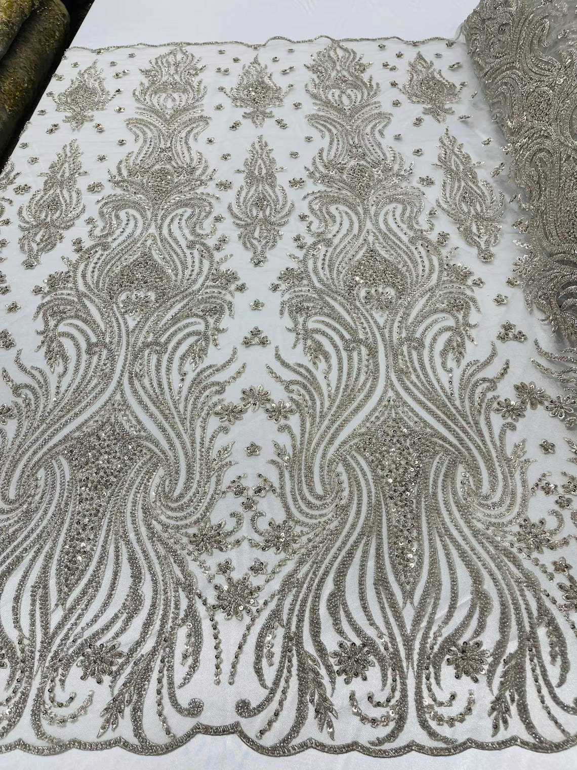 Luxury Bead Design - Taupe - Floral Fabric Embroidered w/ Pearls-Beads on Mesh Lace By Yard