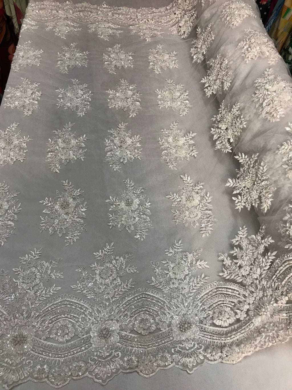 Beaded - White - Embroidered Floral Design Fancy Sequins Fabric with Beads Sold By The Yard