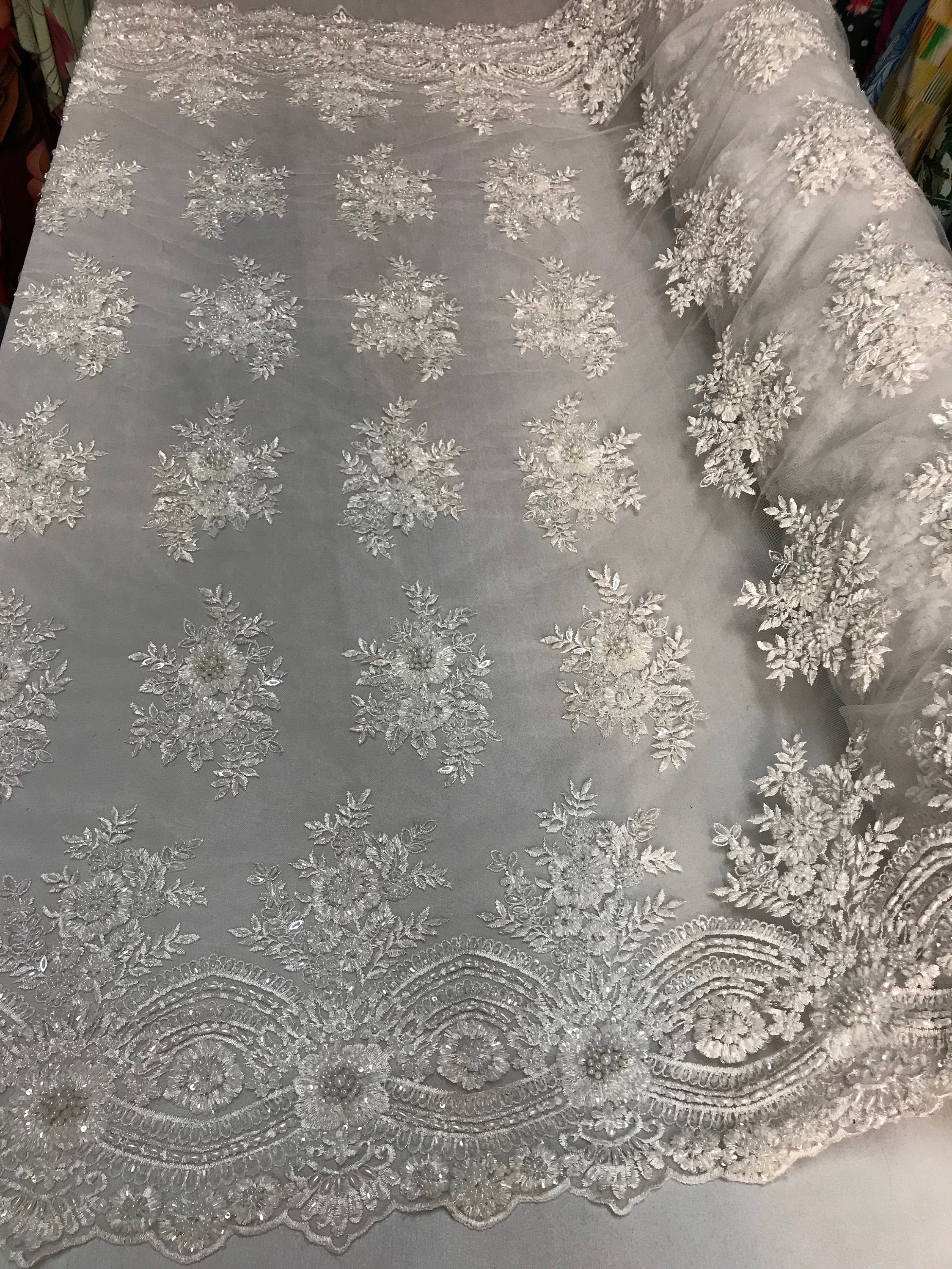 Beaded - White - Embroidered Floral Design Fancy Sequins Fabric with Beads Sold By The Yard