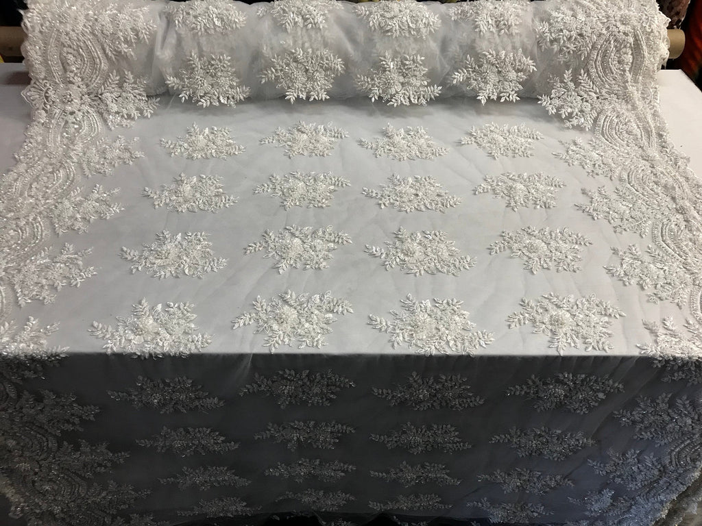 Beaded - White - Embroidered Floral Design Fancy Sequins Fabric with Beads Sold By The Yard