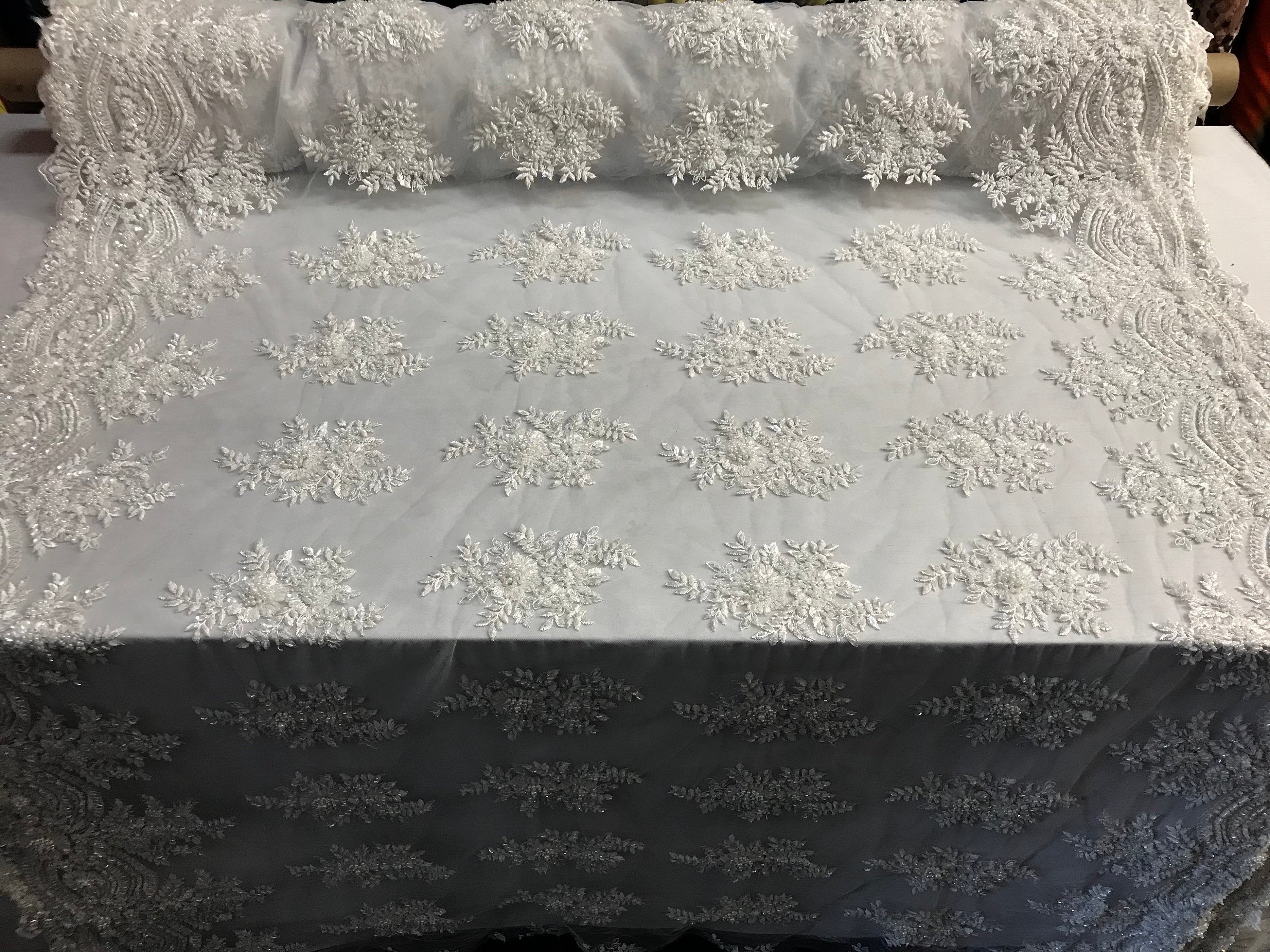 Beaded - White - Embroidered Floral Design Fancy Sequins Fabric with Beads Sold By The Yard