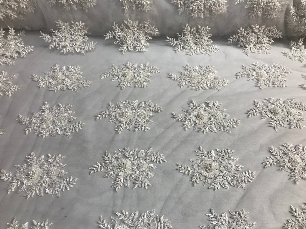 Beaded - White - Embroidered Floral Design Fancy Sequins Fabric with Beads Sold By The Yard