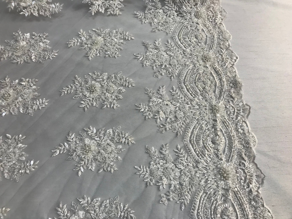 Beaded - White - Embroidered Floral Design Fancy Sequins Fabric with Beads Sold By The Yard