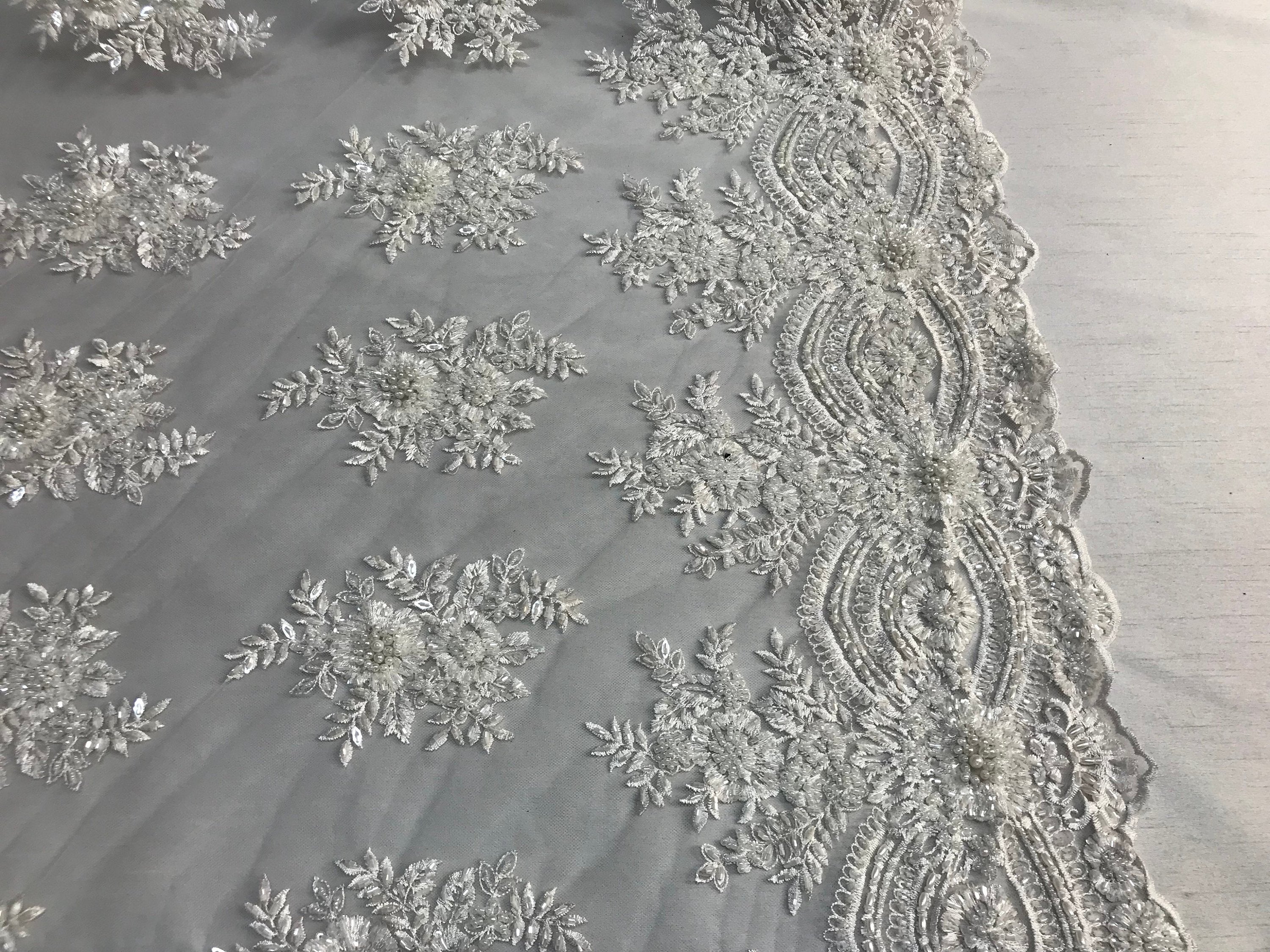 Beaded - White - Embroidered Floral Design Fancy Sequins Fabric with Beads Sold By The Yard