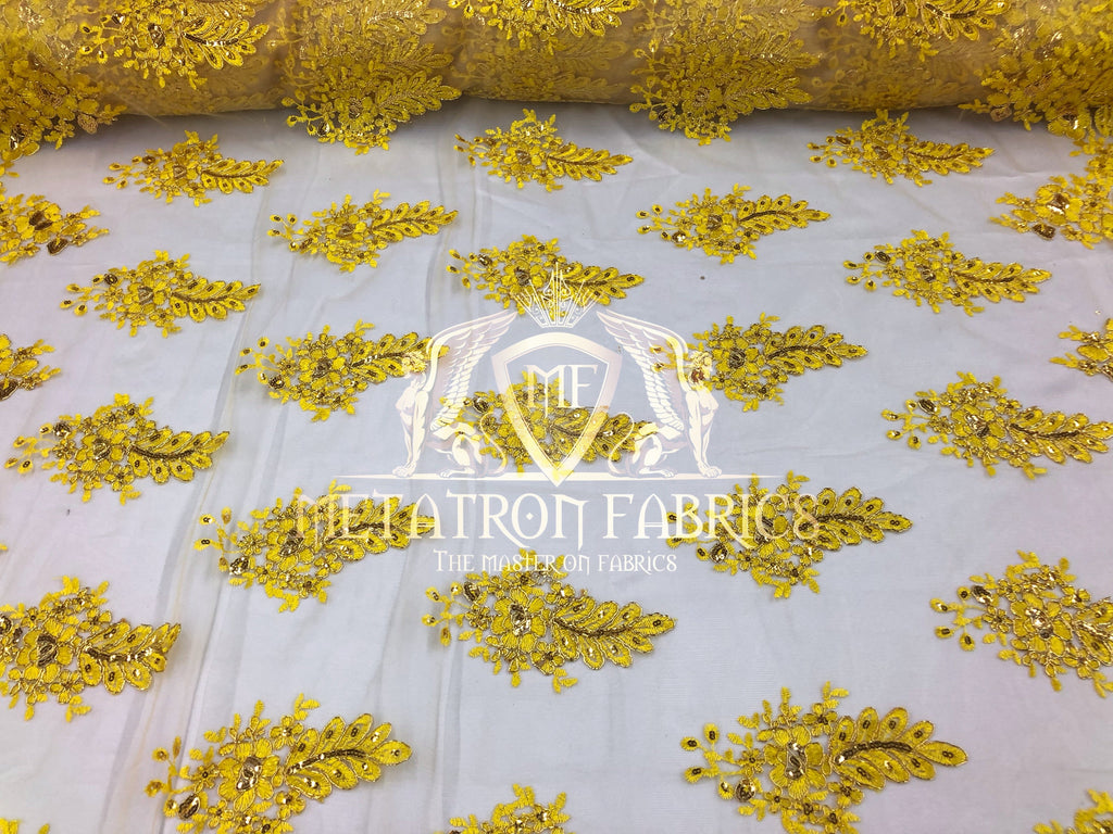 Lace Fabric - Gold / Yellow - Corded Flowers Embroidery With Sequins On Mesh Sold By The Yard