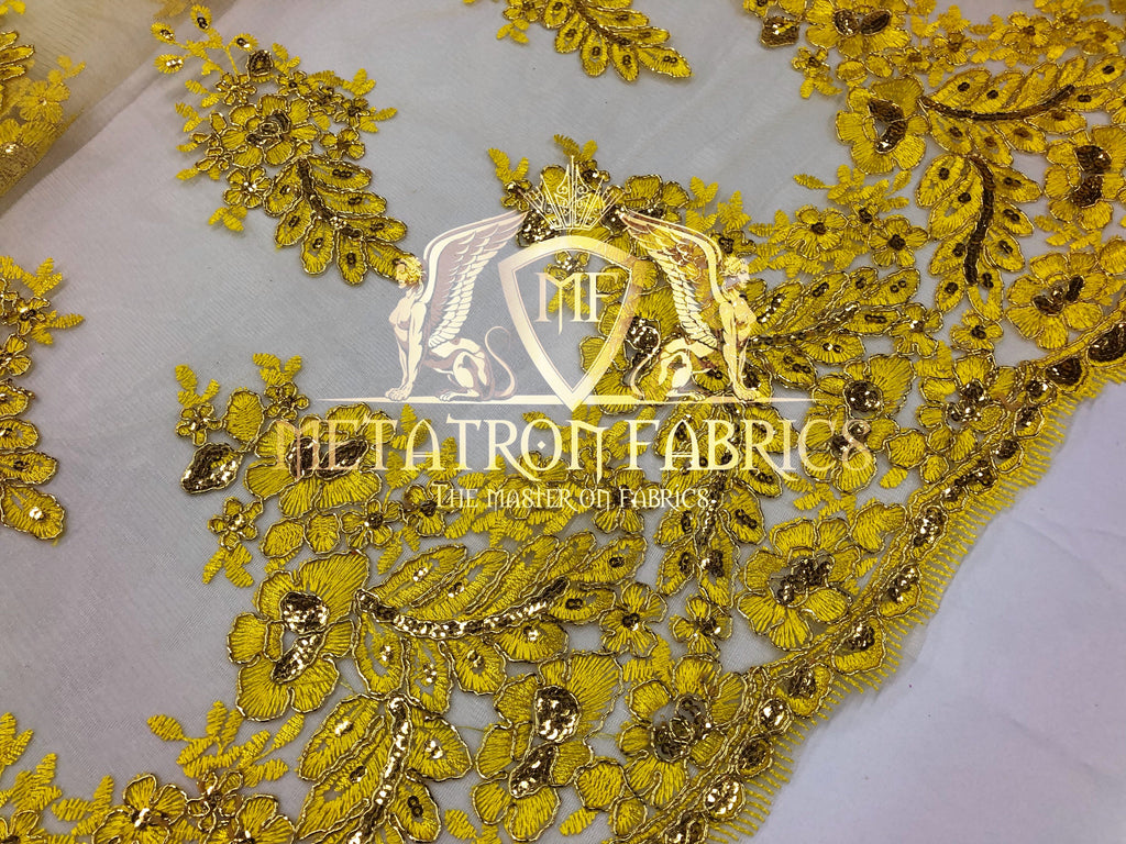 Lace Fabric - Gold / Yellow - Corded Flowers Embroidery With Sequins On Mesh Sold By The Yard